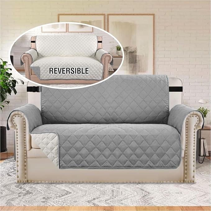 H.VERSAILTEX Sofa Protector for Dogs/Cats/Pets Sofa Covers Slipcover Quilted Couch Coveres Loveseat Covers with Non Slip Elastic Strap Water Resistant Seat Width: 46" (Loveseat, Light Grey/Beige)