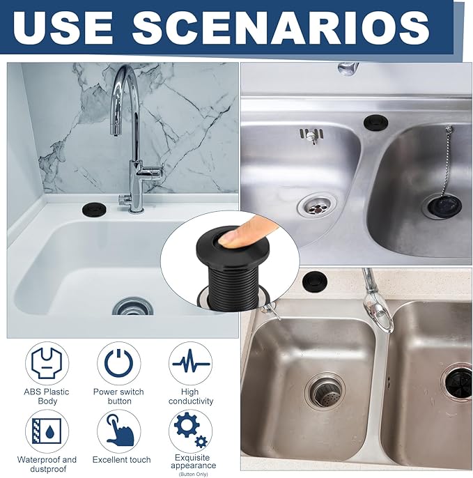 Garbage Disposal Air Switch Kit Wireless Sink Top Garbage Disposal Button Stainless Steel/On/Off Waterproof Button Kit with Long Switch Matte UL Listed(Single Outlet,Black,Short Size)