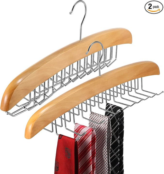Jetec 2 Pieces Tie Rack Tie Hanger 24 Hooks Wooden Tie Rack Hanger for Closet 360 Degree Rotating Belt Holder Tie Organizer for Men Women Bras Tank Tops Camisoles(Natural Wood Color)