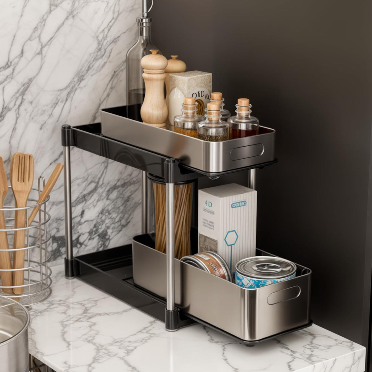 Home Zone Living 2-Tier Stainless Steel Cabinet Pull Out - Image 1