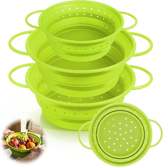 3 Pack Collapsible Colander with Strainer Bowl Set, 11 & 13 In BPA-Free Silicone Colanders for Kitchen, Heat-Resistant Strainer Dishwasher Safe Baskets for Vegetable Fruits (Green)