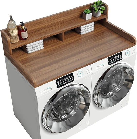 2-Tier Washer Dryer Countertop with 2.75" H Edge Rails, 54" W x 27.55" D Laundry Countertop for Folding Clothes, Washer and Dryer Topper with Non-Slip Pad (Dark Walnut)