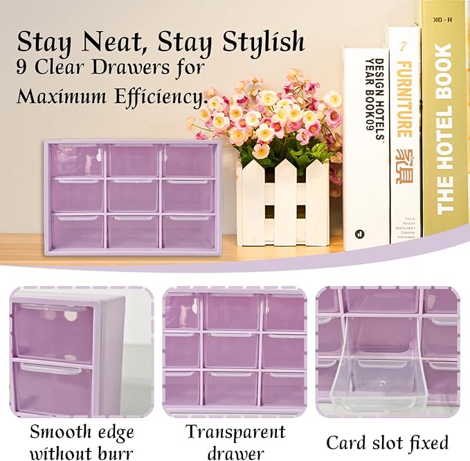 Small Drawer Organizer for Desk, 7.1" x 3.8" x 4.6" Mini Desktop Drawer Organizer with 9 Clear Drawers, Compact Craft & Office Supplies Organizer for Home School (Purple)