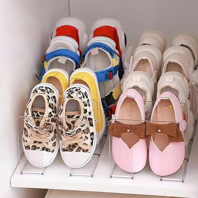 Clear Acrylic Kids Shoe Rack for Closet Organizers and Storage | 2 Pack Small Shoe Rack 4 Sections Toddler Baby Shoe Storage Organizer Stackable Shoe Shelf, Desk File Sorter Book Purse Organizer