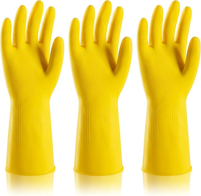 3 Pairs Rubber Dishwashing Gloves, Reusable Household Cleaning Gloves for Women Men, Kitchen and Bathroom Cleaning, Gardening, Pet Care, Extra Thickness, 20 Mil, 13", Heavy Duty, Non-Slip, S