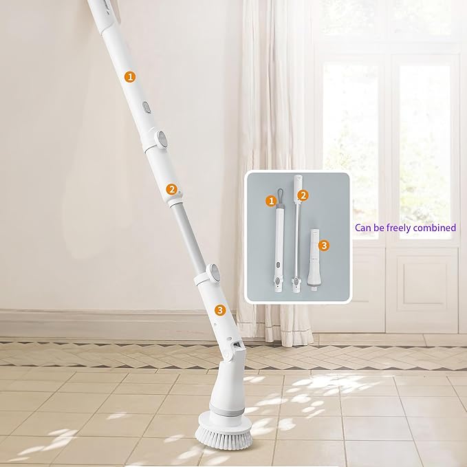 FixtureDisplays® 30-49" Adjustable Electric Spin Scrubber, Cordless Cleaning Brush with Extendable Arm 6 Replaceable Cleaning Heads, Power Shower Scrubber for Bathroom, Tub, Tile, Floor 15757