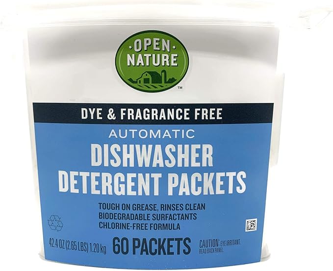 Open Nature Earth Friendly Dishwasher Detergent Packets, Biodegradable, Dye & Fragrance Free (60 Packets)