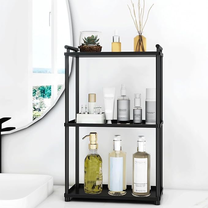 3 Tier Bathroom Organizer Countertop, Stainless Steel Perfume Tray and Vanity Countertop Shelf, Makeup Skin Care Bathroom Organizers and Storage for Dresser, Kitchen (Matte Black)