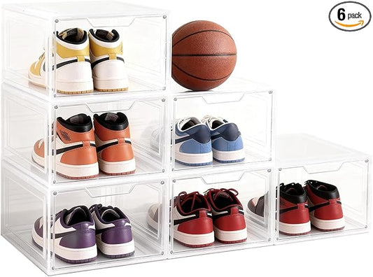 Shoe Boxes Shoe Storage Boxes Display Boxes with Magnetic Doors and Stackable Design, Ideal for Hallways, Under Beds, Wardrobes, and Living Rooms (Magnetic Door-Clear, 6 Pack)
