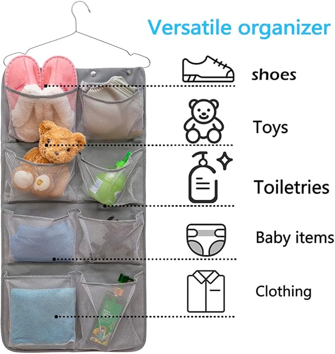 Dual Sided Hanging Closet Organizer Durable Socks Stocking Clothes Bra Accessories Storage Bag With 16 Large Pockets (Nylon Mesh Pockets)