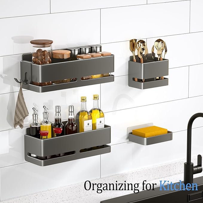 Bathroom Shower Caddy (5-Piece Set Storage Rack), Wall-Mounted Shelf with soap Dish and Toothbrush Holder, no Drilling Required, Ideal for Bathroom Storage and Also Suitable for Kitchen (Grey)