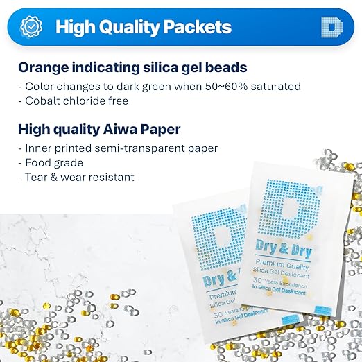 Dry & Dry Premium Orange Indicating Silica Gel Packets Desiccants - Food Safe Silica Gel Packets - Orange - 300 Packets (5 Gram)