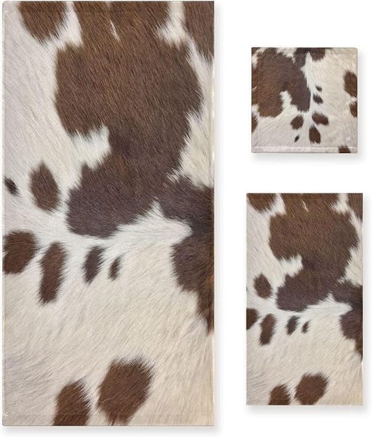 3 Piece Cowhide Print Bath Towel Set,Microfiber Decorative Brown Beige Cow Print Western Farmhouse Animal Bathroom Towels,1 Bath Towel 1 Hand Towel for Bathroom Kitchen,1 Washcloth for Face