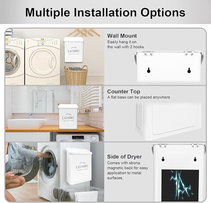 Magnetic Lint Bin with Lint Brush for Laundry Room Decor Farmhouse Rustic Metal Wall Mounted Lint Box Holder Keeper Organization Lint Trash Can with lid for Dryer