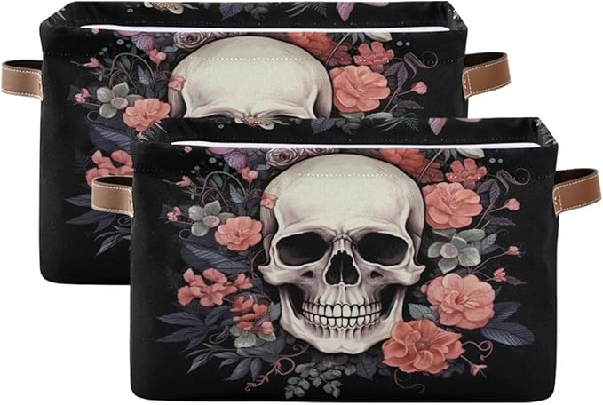 Halloween Basket Black Rose Skull Baskets with Handles Collapsible Organizer Box Shelf Storage Baskets for Holiday Home Decor 1PC