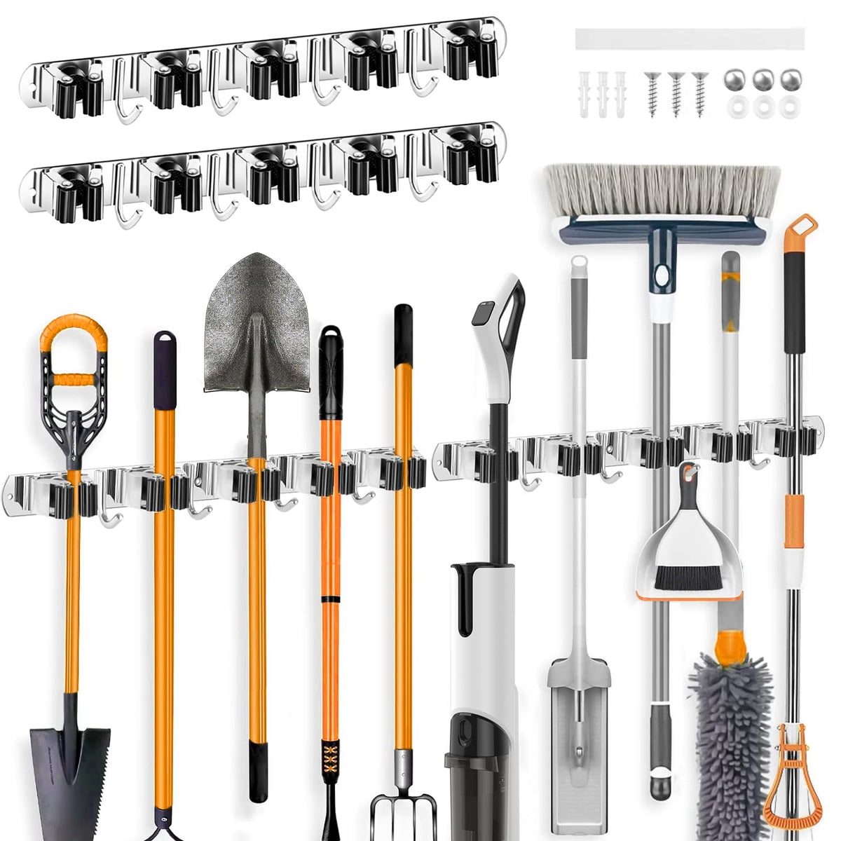 4 Pack Broom Holder Wall Mount, 5 Racks 4 Hooks Mop - Image 1