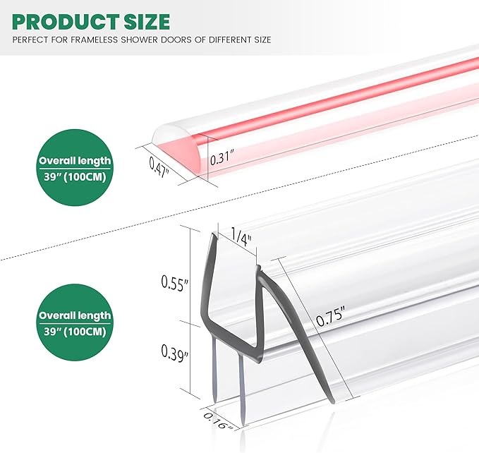 Glass Door Bottom Seal, 1/4" x 39" Shower Door Clear Silicone Seal Strip and PVC Base Set, Frameless Doors Bottom Sweep Glass-Stop Shower Leaks Frameless Shower Doors