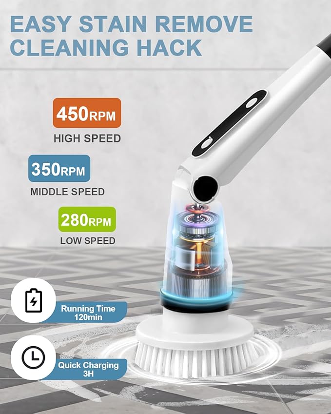 Electric Spin Scrubber X03 Turbo Black and Multifunction Cleaning Brush Heads Matchable