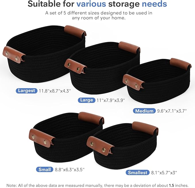 5 Piece Storage Baskets Small Woven Basket with Detachable Leather Handle, Cotton Rope Shelf Baskets for Closet Organizers, Different Sizes Basket Decor, Black