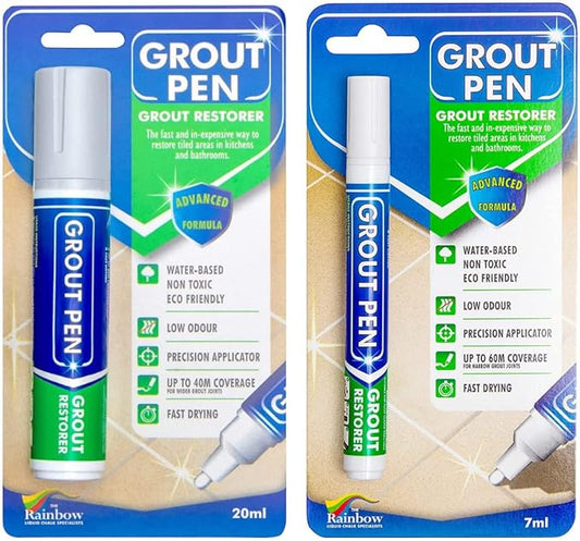 Grout Pen Tile Paint Marker: Waterproof Grout Colorant and Sealer Pen to Renew, Repair, and Refresh Tile Grout - Cleaner Coating Stain Pens - 2 Pack, 15mm Wide Winter Grey and 5mm Narrow White Tip