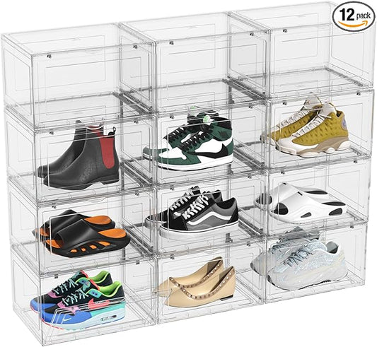 12 Packs Large Plastic Clear Shoe Boxes with Magnetic Door, Acrylic Display Case, Stackable Shoe Storage Organizer Container for Boot Sneaker