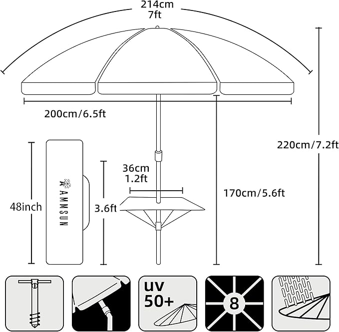 AMMSUN 7ft Heavy Duty High Wind Beach Umbrella with sand anchor, Built-in Table Tray Vent Tilt Pole, UPF 50+ Windproof Portable Outdoor Umbrellas Carry Bag for Patio Garden Pool Backyard stripe