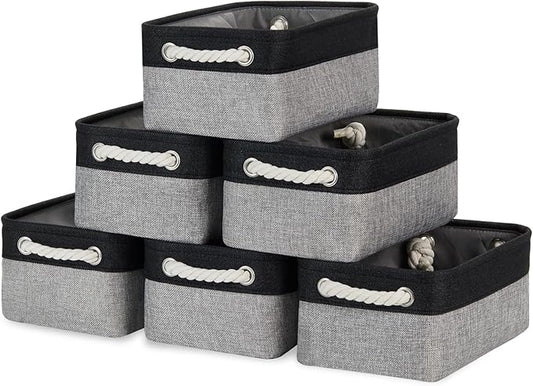 Bidtakay Storage Baskets [6 Pack] Small Fabric Canvas Collapsible Storage Bins 11.8 X 7.8 X 5 Inches Organizer Baskets with Handles Decorative Square Baskets for Cabinet Shelves Closet(Black&Grey)