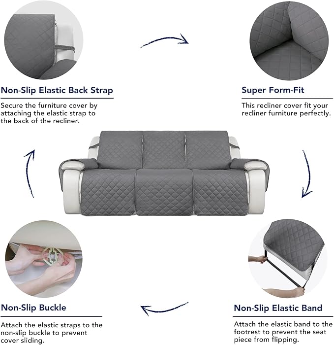 PureFit Water Resistant Reversible Sofa Covers for Reclining Sofa - Non Slip Split Recliner Couch Cover for 3 Cushion Couch, Washable Furniture Protector for Kid, Dog (3 Seat, Gray/Light Gray)