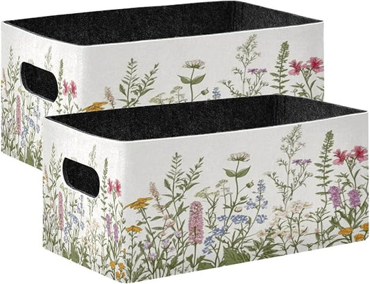 Kcldeci Flower Border Herbs Wild Flowers Plant Storage Bins Baskets for Organizing - 2Pack, Sturdy Foldable Storage Baskets for Shelves Closet Nursery Toy