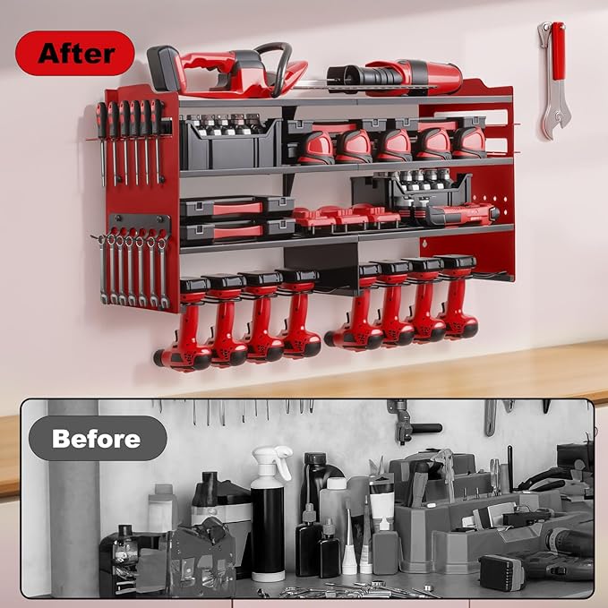 oviitech Power Tool Organizer Wall Mount, 8 Drill Holder Wall Mount Loads 400lbs, 4 Layer Heavy Duty Metal Power Tool Storage, Red, Utility Rack for Garage Workshop, Gifts for Men