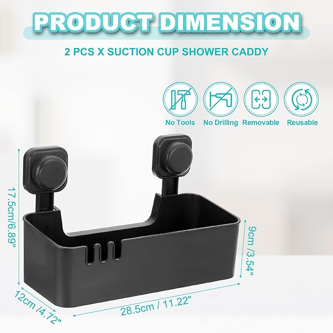 uxcell 2Pcs Suction Cup Shower Caddy, 11 x 7 Inches Suction Cup Shower Organizer Shelf Wall Mount Dispenser Rack Storage Shelf for Bathroom Kitchen, Black
