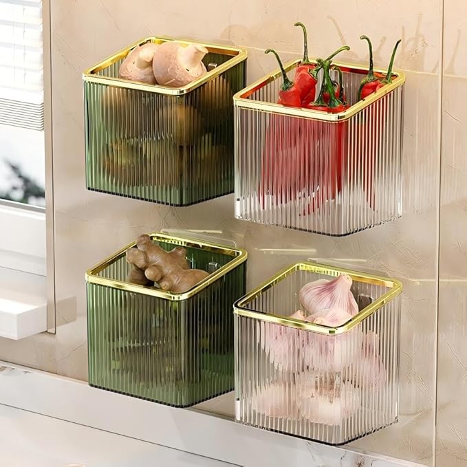Adhesive Wall Shelves No Drill Hanging Organizer - Plastic Floating Storage Bins for Kitchen,Bathroom,Office - Makeup and Home Goods Mountable Shelf (Transparet and Silver)