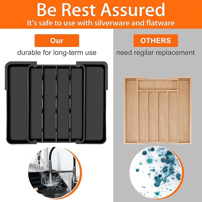 Kitchen Silverware Organizer for Drawer - Expandable Silverware Drawer Organizer Adjustable Utensil Drawer Holder, Flatware Cutlery Tray for Spoons Forks Kitchen Organizers Storage,Black, S