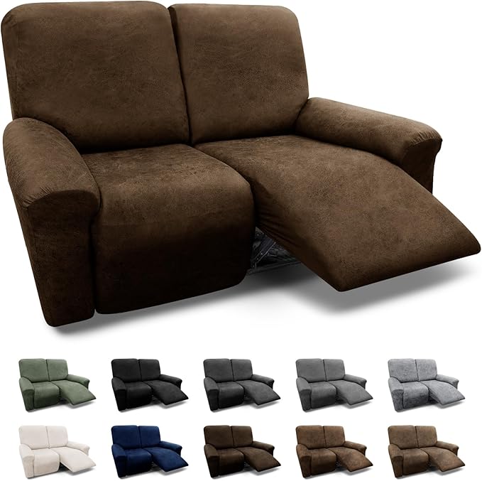Loveseat Cover 6-Pieces for 2 Seater Reclining Sofa - Leather Look Slipcover With Pocket, Spandex Furniture Protector (Dark Brown)