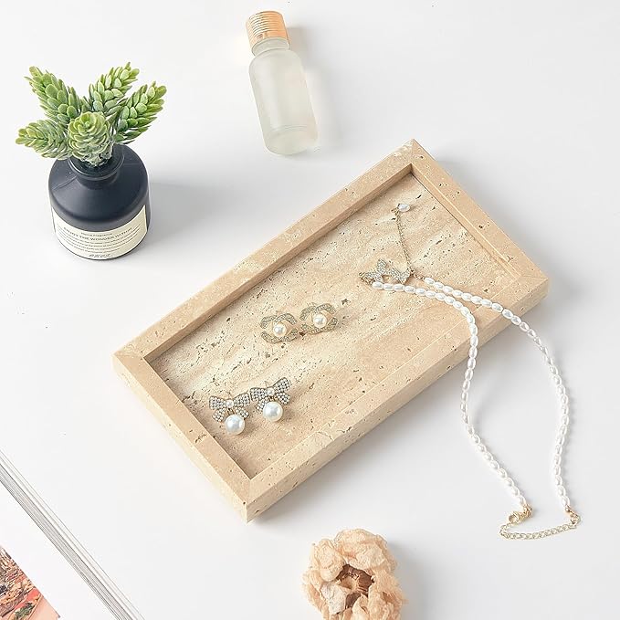 Natural Small Marble Vanity Tray, Luxury Stone Organizer for Bathroom & Kitchen | Holds Soap Dispenser, Jewelry, Perfume | Non-Resin, Non-Ceramic Décor (Travertine, Mini (7.9" x 4.3" x 0.78"))
