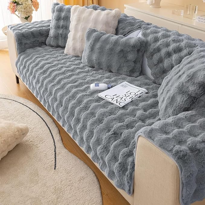 Soft Warm Faux Fur Couch Sofa Cover Thick Shaggy Fuzzy Sectional Couch Cover Non-Slip Solid Color Plush Sofa Slipcover Furniture Protector for Kids, Pets (Dark Grey,28"x35")