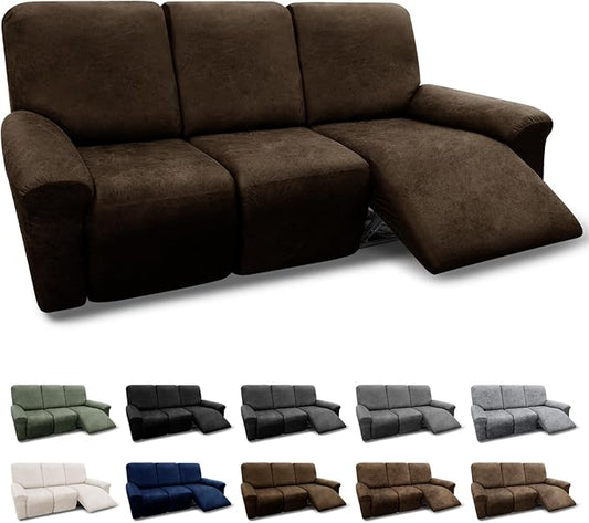 Couch Cover 8-Piece Washable Recliner Slipcovers with Pockets Spandex Fabric Covers for 3-Seater Leather Look Recliner Sofa