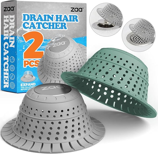 zaa Bathtub Drain Hair Catcher, Premium Silicone Collapsible 2 Pack Drain Protector for Pop-Up & Regular Drains of Shower, Bathtub, Tub, Bathroom, Sink, Gray Green