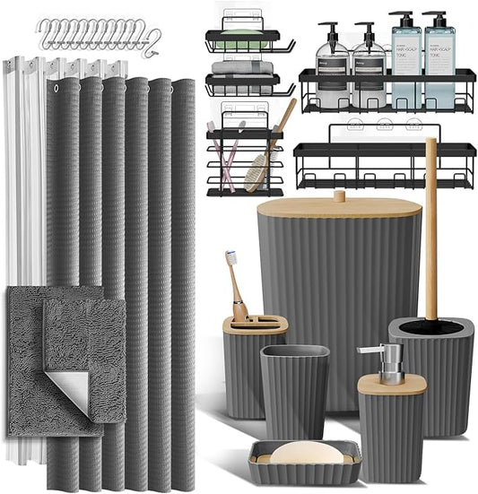 Clara Clark Bathroom Accessories Set - 27PC Bathroom Set with Adhesive Corner Shower Caddy Hanging, Bathroom Sets with Shower Curtain and Rugs, Grey Shower Curtain Set with Bathroom Trash Can