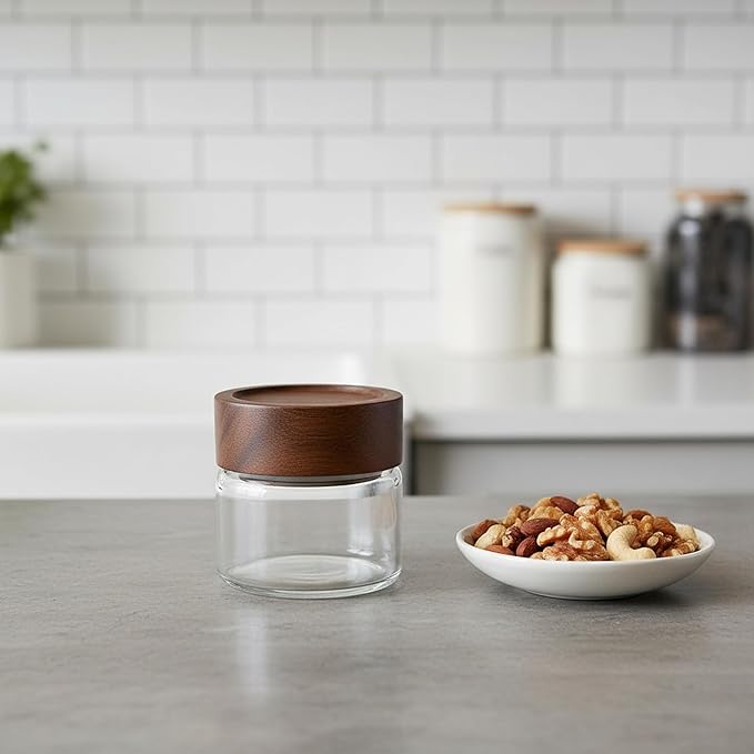 Wide Mouth Glass Storage Jars With 2.5" Acacia Wood Lids - 6 Pack of 4 Oz Food Storage Containers - Borosilicate Glass Canisters Sets For Kitchen - Pantry Organizers and Storage for Rice Coffee Beans