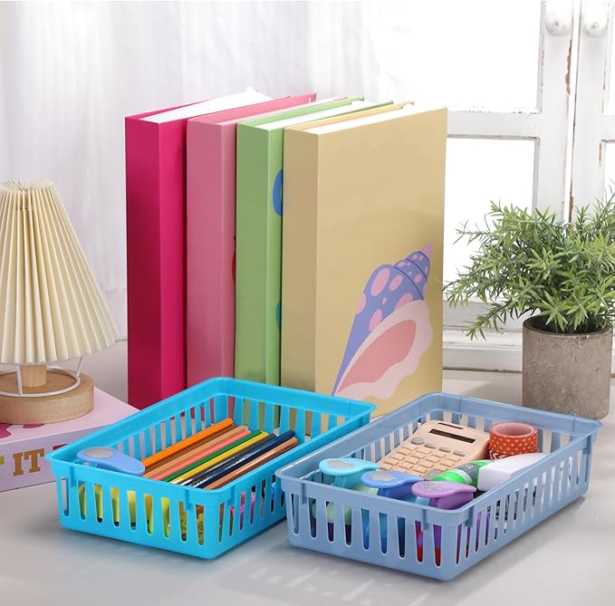 Wenqik Set of 12 Small Plastic Baskets for Organizing 10.24 x 6.5 x 2.36 Inch Pharmacy Baskets Rectangular Trays Plastic Organizer for Office Pharmacy Dorm Kitchens, Closets Shelves(Multi Color)