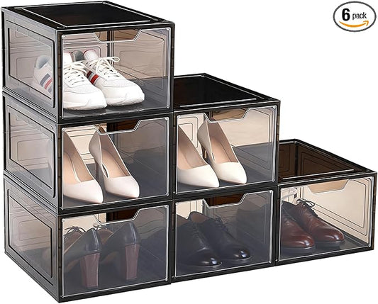 Shoe Boxes Shoe Storage Boxes Display Boxes with Magnetic Doors and Stackable Design, Ideal for Hallways, Under Beds, Wardrobes, and Living Rooms (Magnetic Door-Black, 6 Pack)