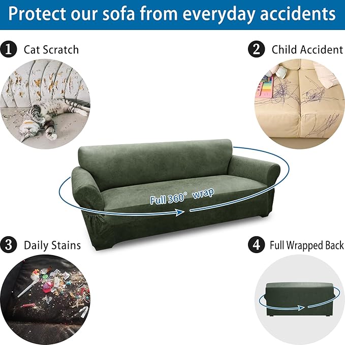 Oversized Sofa Slipcover Leather Look Couch Cover for 4 Seater Sofa 1-Piece Sofa Cover Stretch Furniture Protector with Elastic Bottom & Pockets(XL Sofa, Army Green)