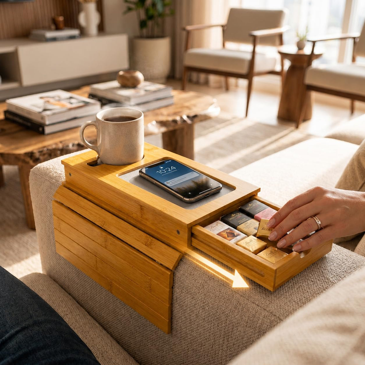Sofa Arm Tray with Drawer, Bamboo Couch Armrest Table, Natural - Image 1