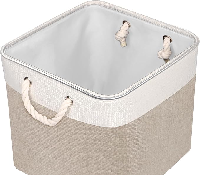 Univivi Fabric Storage Cubes 12 inch Cube Storage Bins with Rope Handles, Storage Baskets Cubes Organizer for Home Shelf Closet (White&Beige Brown , 4-Pack)