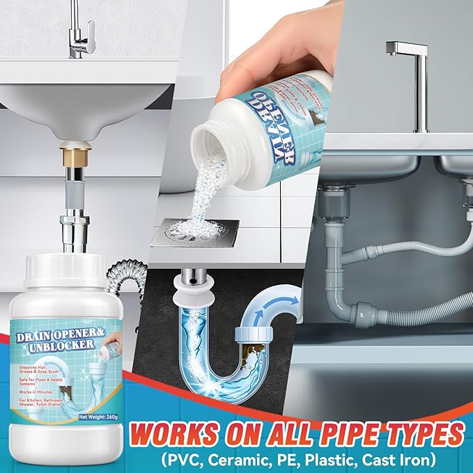 Drain Clog Remover, Hair Drains Clog Remover, Crystal Lye Drain Opener Unclog Bathroom and Kitchen Sinks, Drains, Shower Pipes, Removes Hair, Soap Scum, Blockages, 260g