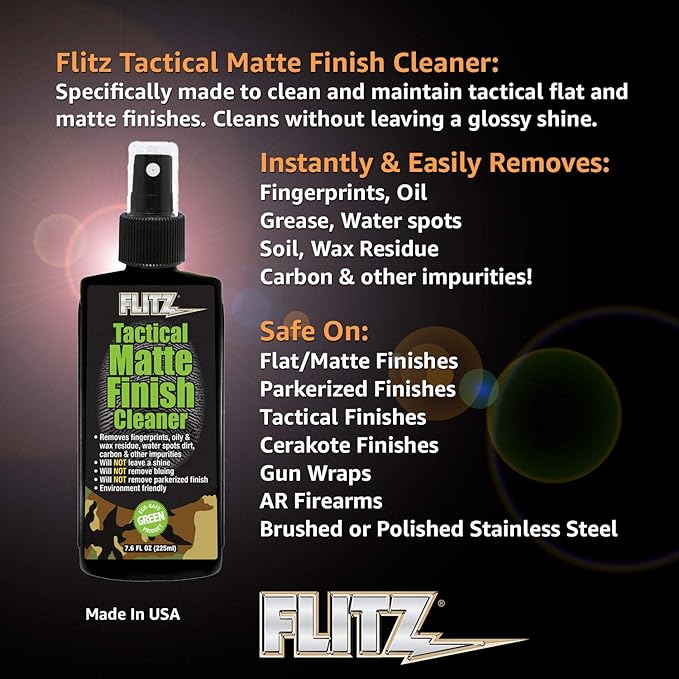 Flitz Tactical Matte Finish Cleaner - 7.6oz Bottle of USA-Made Gun Cleaner Spray to Remove Fingerprints, Oil, & Other Grime - Fast-Drying Cleaning Solution for Gun Wraps & More (1 Pack)