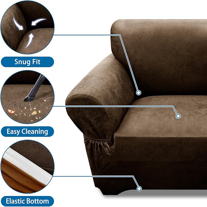 Oversized Sofa Slipcover Leather Look Couch Cover for 4 Seater Sofa 1-Piece Sofa Cover Stretch Furniture Protector with Elastic Bottom & Pockets(XL Sofa, Dark Brown)