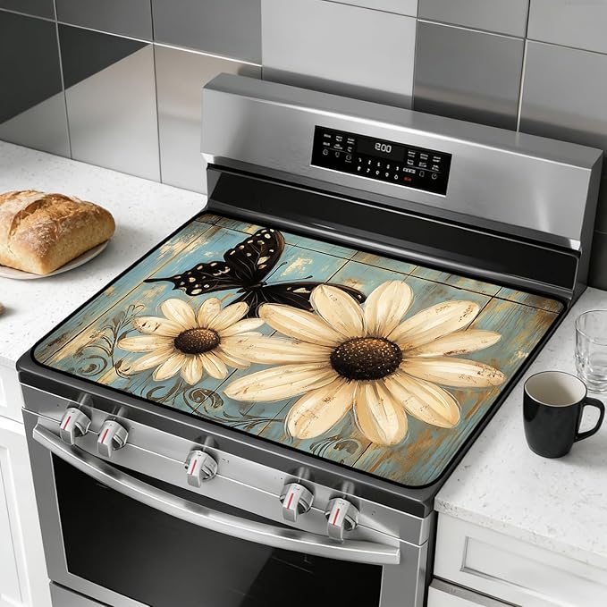Glass Stove Top Covers for Electric Stove, Heat Resistant Counter Protector Mat, Non Slip Waterproof Surface Cover for Kitchen Counter and Cooktop (Daisy Butterfly, 28"L x 20"W)