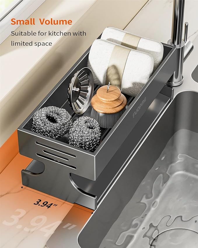 Sponge Holder for Kitchen Sink - Rustproof Carbon Steel Sink Caddy Organizer with Auto-Drain, Dish Sponge & Soap Dispenser Rack for Kitchen Countertop Storage, Grey
